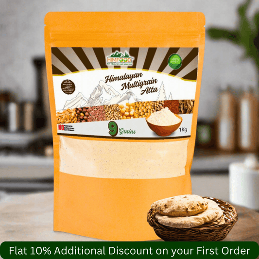 Himalayan Multigrain Atta 9 Grains 1kg packaging with fresh Indian bread and discount offer.