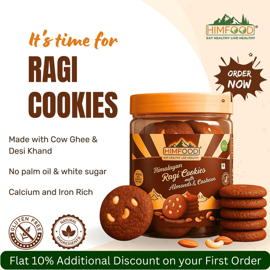 Himalayan ragi cookies with almonds and cashews in a jar with promotional text and health benefits.