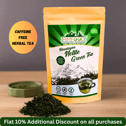 Himalayan Nettle Leaf Green Tea – 50g packaging with loose tea leaves, promoting caffeine-free herbal infusion.