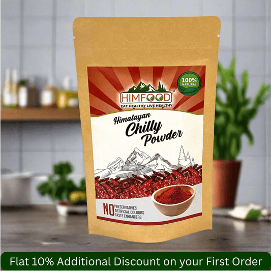 Himalayan Red Chilli Powder (300g) packaging featuring vibrant colors and a bowl of chilli powder.