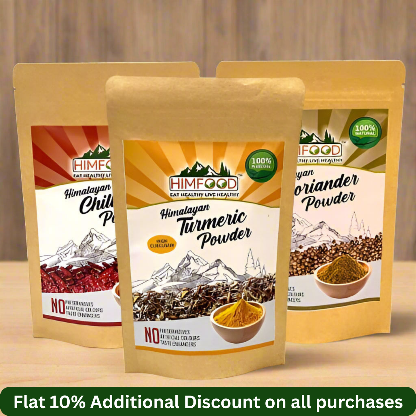 Himalayan spice combo featuring turmeric, red chilli, and coriander powders in eco-friendly packaging.
