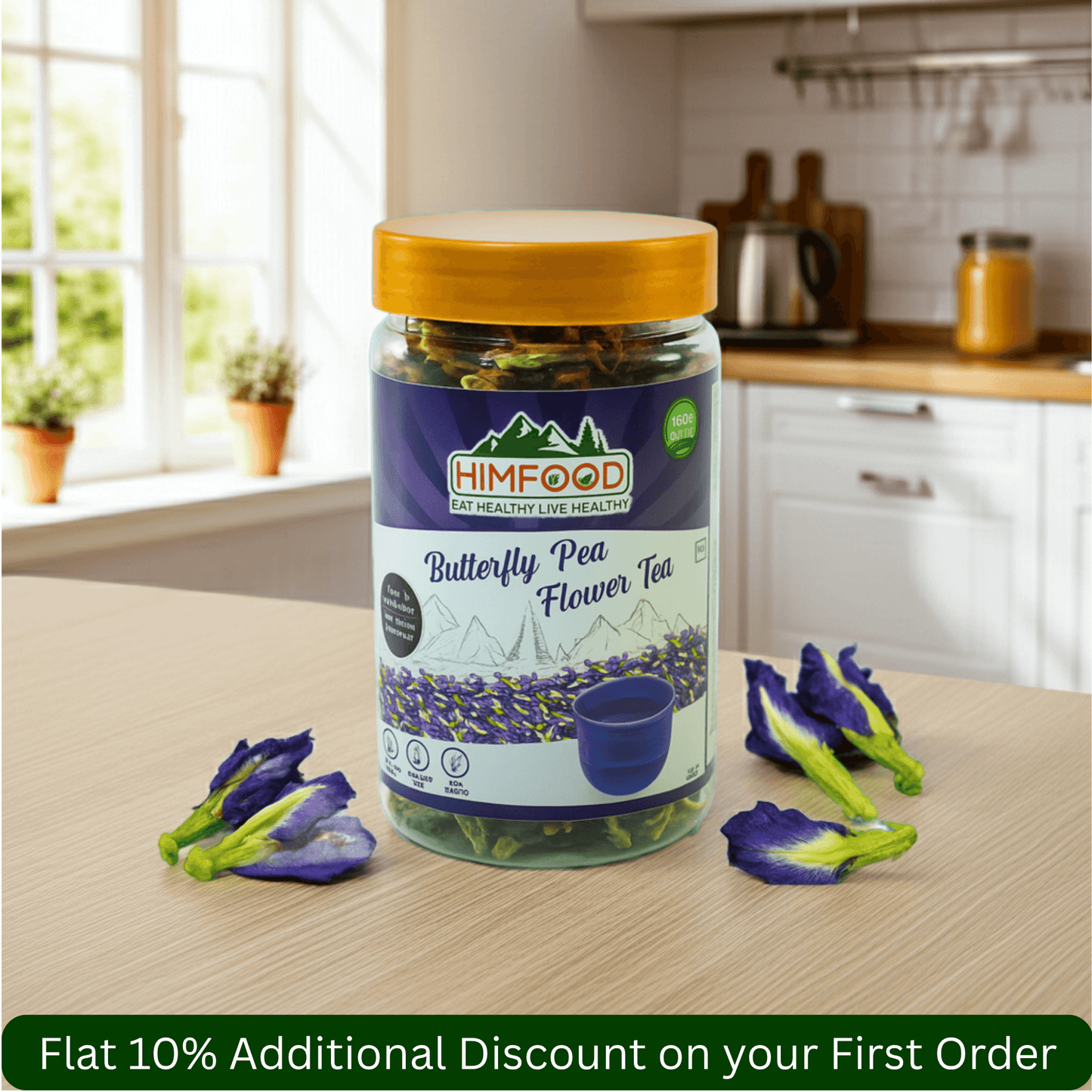 Himalayan butterfly pea flower tea in a jar with dried flowers and a cup, promoting a 10% discount on first order.