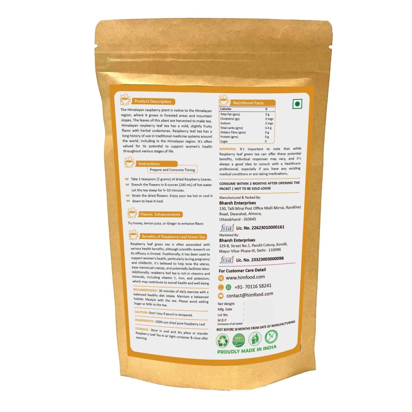 Back packaging of Himalayan raspberry leaf green tea 50g with product information and details.