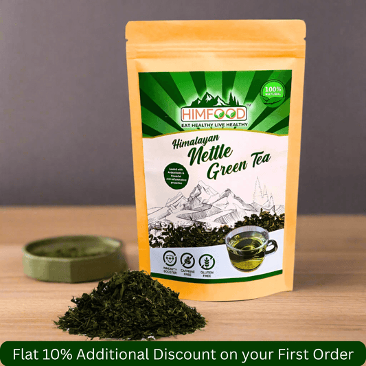 Himalayan Nettle Leaf Green Tea – 50g packaging with herbal tea and promotional discount offer.