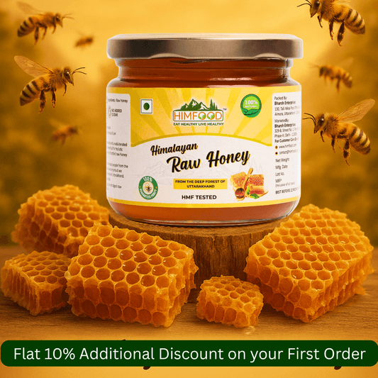 Himalayan Raw Honey 400g jar with honeycomb, harvested from Himalayan wildflowers.