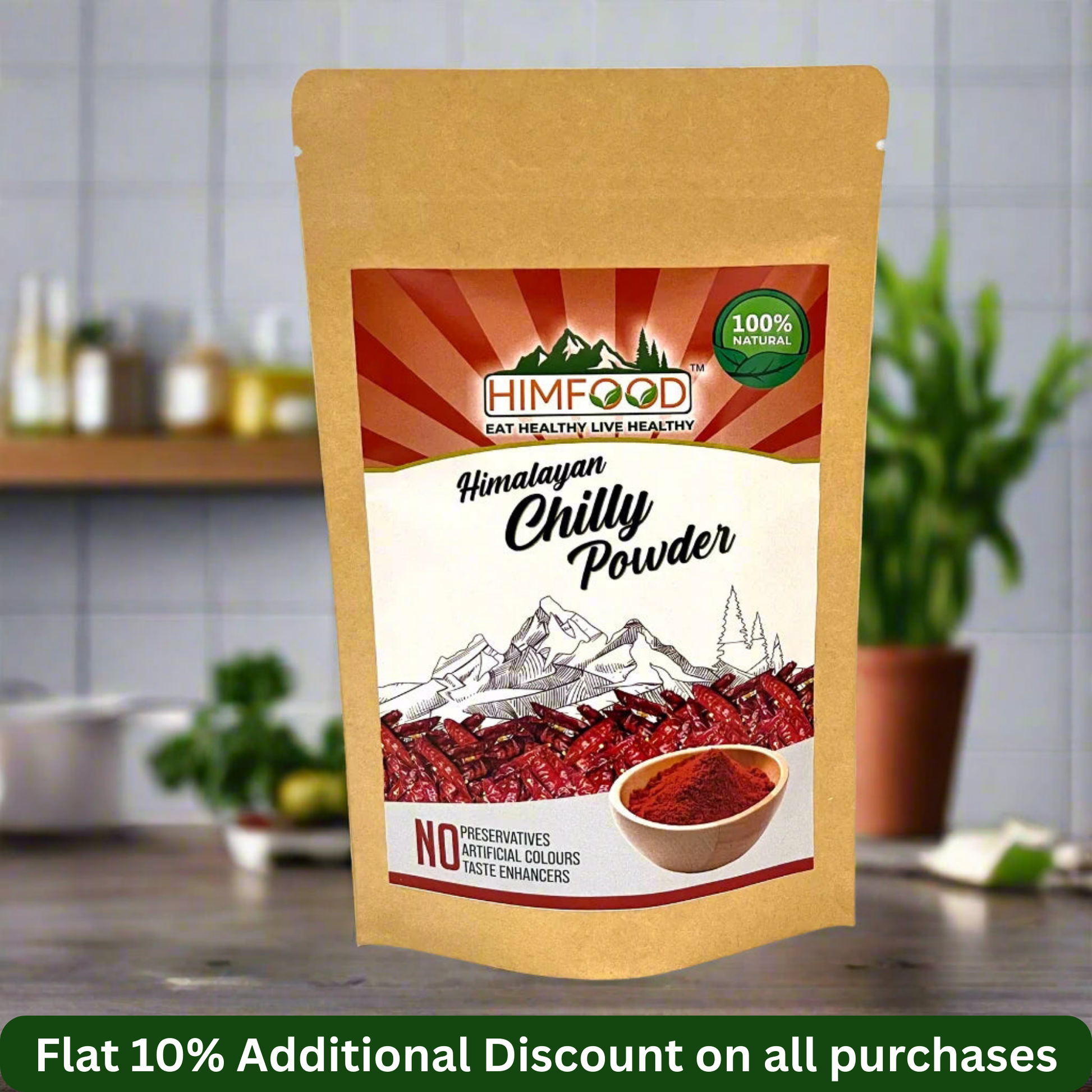 Himalayan Red Chilli Powder pack with natural ingredients and 10% discount offer in a kitchen setting
