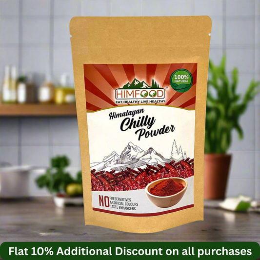 Himalayan Red Chilli Powder pack with natural ingredients and 10% discount offer in a kitchen setting