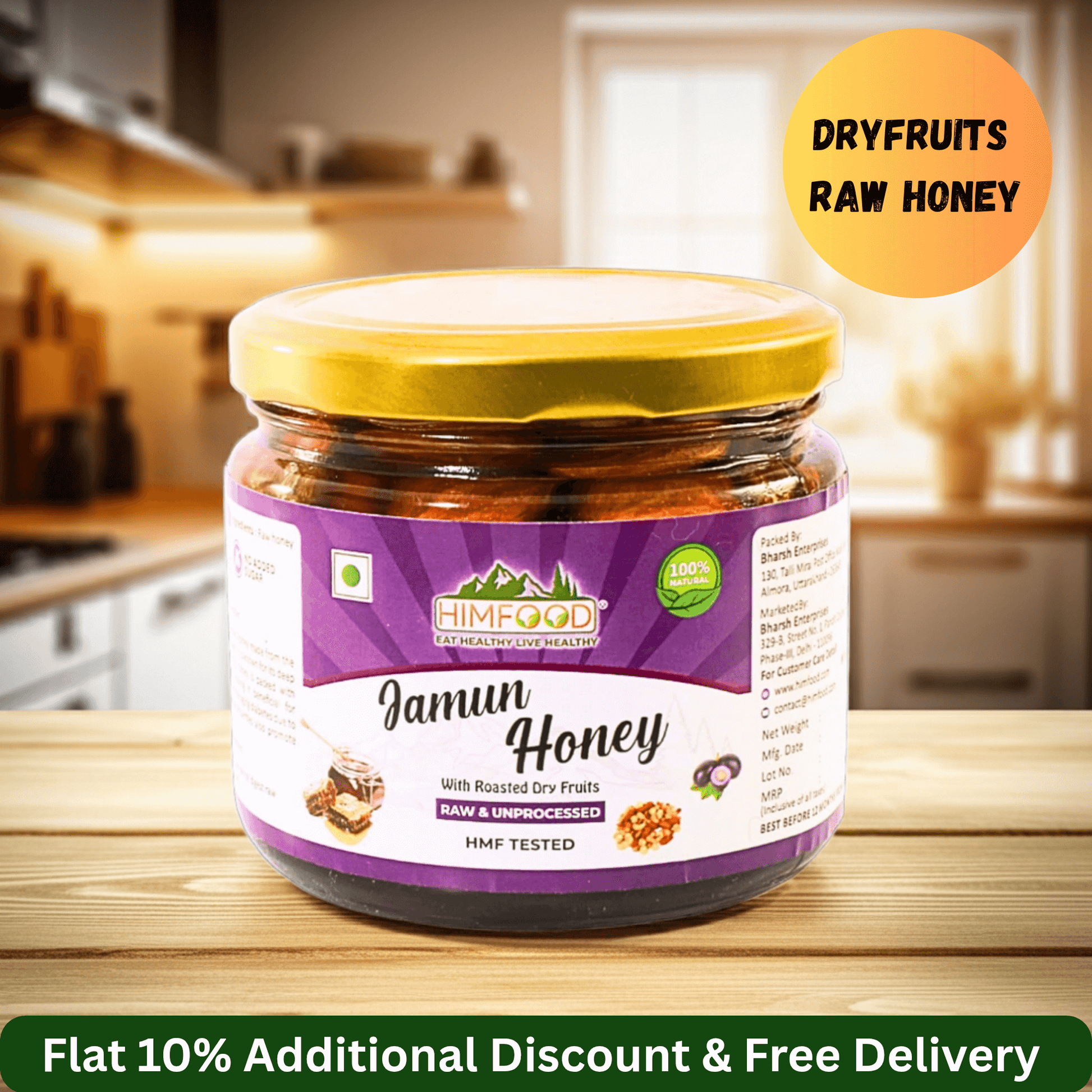 Jamun Honey with dryfruits in a jar, featuring roasted dry fruits for a rich flavor.