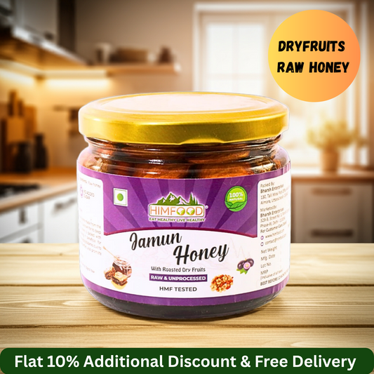 Jamun Honey with dryfruits in a jar, featuring roasted dry fruits for a rich flavor.