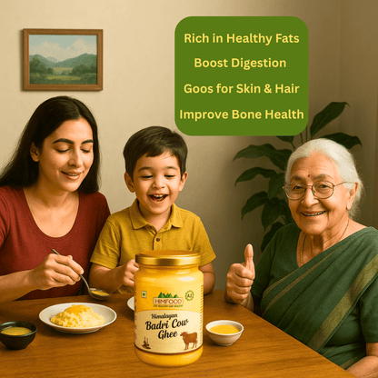 Himalayan Badri Cow Ghee in a family meal setting, showcasing health benefits like digestion and skin care.