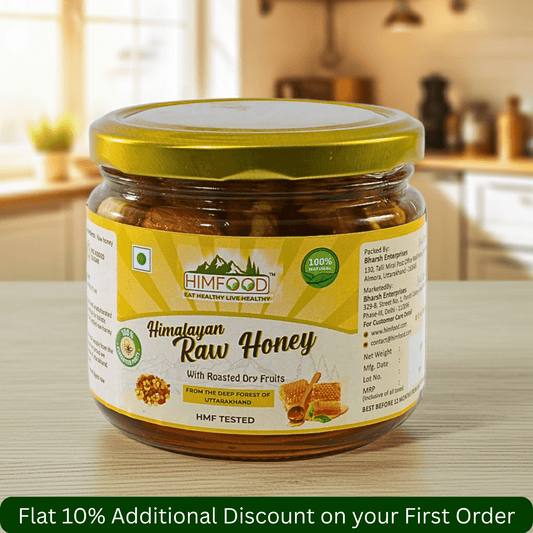 Himalayan Raw Honey with dry fruits in a jar, enriched with roasted almonds, cashews, walnuts, and raisins.