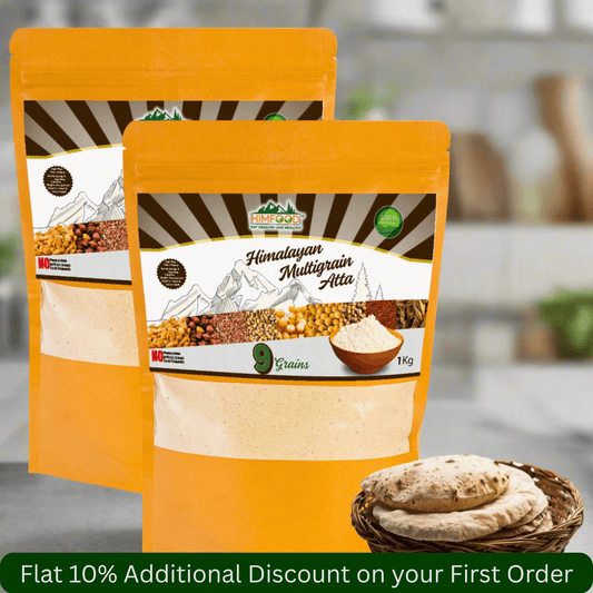 Himalayan Multigrain Atta pack of 2 x 1kg showcasing nine grains and healthy rotis in a vibrant kitchen setting.
