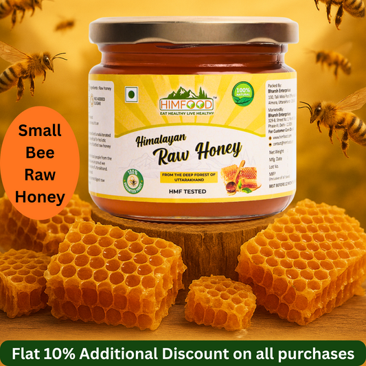 Himalayan Raw Honey jar with honeycomb, 400g, showcasing the rich essence of nature from Himalayan wildflowers.
