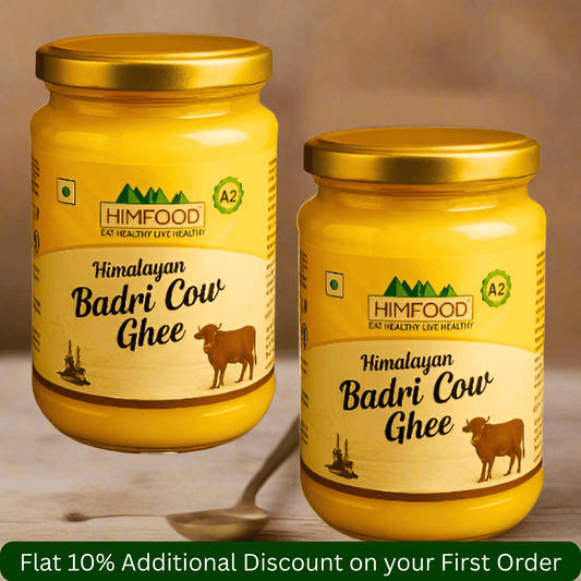Himalayan Badri Cow Ghee – Pack of 2 jars showcasing rich aroma and texture, perfect for cooking and health.