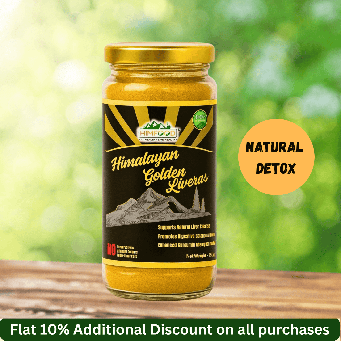 Himalayan Golden Liveras jar displaying its natural detox benefits and 10% discount offer.