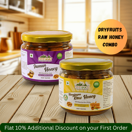 Himalayan raw honey Dry fruits combo featuring Jamun Honey and Himalayan Raw Honey with Dry Fruits in jars.