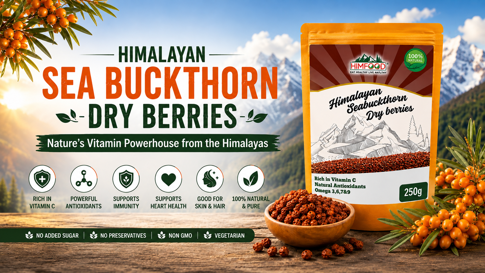 Himalayan Sea Buckthorn Dry Berries by HIMFOOD with natural berries, Himalayan mountains and Vitamin C benefits